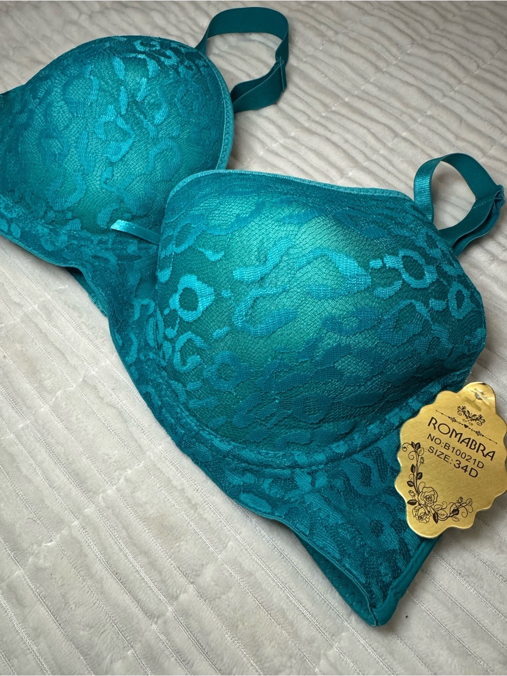 ROMABRA 34D Teal Lace Bra Push Up Underwire - Picture 2 of 4